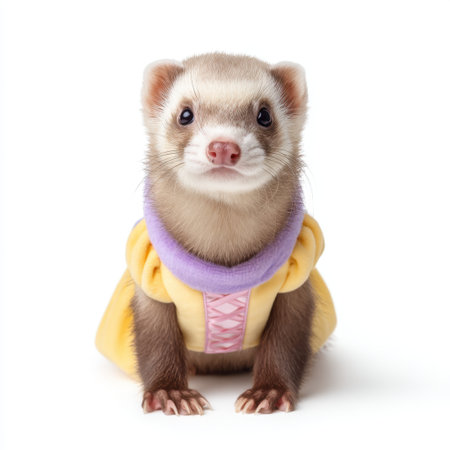 This charming ferret, dressed in a colorful costume, showcases an adorable personality. Perfect for capturing the joy of pet ownership and whimsical moments.の素材