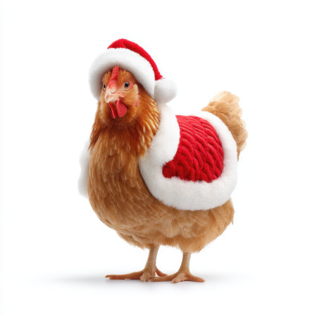 This delightful image captures a chicken wearing a festive Santa hat and coat, embodying the joyful spirit of the holiday season in a charming farm setting.の素材