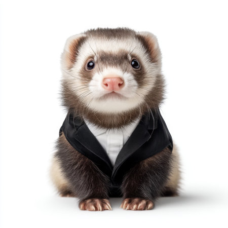 A charming ferret dressed in a smart tuxedo, poses against a simple white background, showcasing its adorable features and stylish attire for animal lovers and photographers.の素材