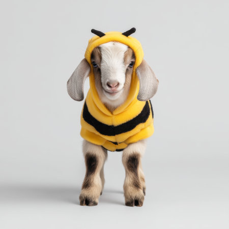 This adorable baby goat is wearing a charming bee costume, adding a playful element to its innocent demeanor. The neutral backdrop enhances the cuteness of this unique pet.の素材