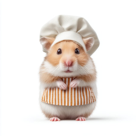 This delightful image features a cute hamster dressed as a chef, exuding charm with a chef's hat and striped apron. Perfect for animal lovers and food enthusiasts alike!の素材