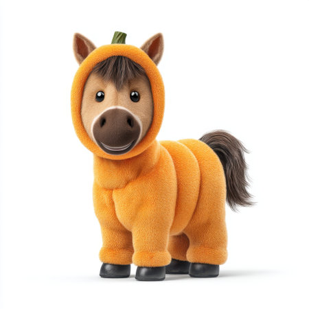 This charming plush horse toy, dressed in a festive pumpkin costume, adds joy to any Halloween celebration, making it a perfect gift for children and playful decorations.の素材