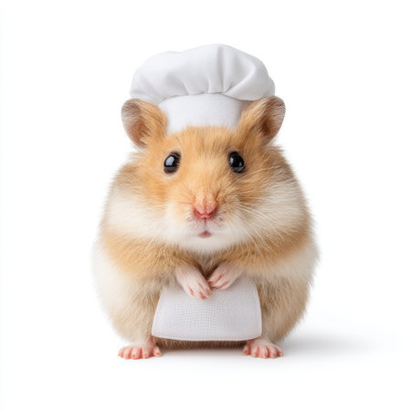 An adorable small hamster dressed as a chef with a white hat, sitting upright. This cute and funny image captures the charm and personality of this furry pet in a whimsical way.の素材