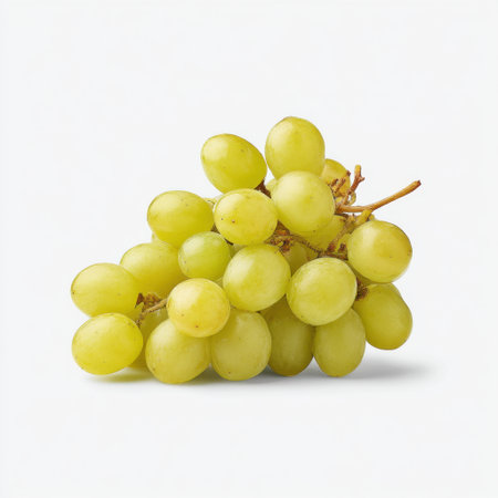 A vibrant cluster of fresh green grapes on a white background, representing a healthy snack option. Perfect for culinary creations, fresh produce markets, and nutrition-focused visuals.の素材