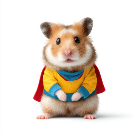 This charming hamster in a superhero costume brings a smile to anyone's face. Its playful expression and vibrant outfit evoke a sense of fun and joy perfect for animal lovers.の素材