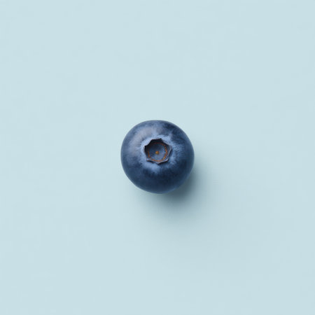 A single, vibrant blueberry sits on a light blue background, highlighting its rich color and texture. Ideal for culinary themes and healthy lifestyle imagery.の素材