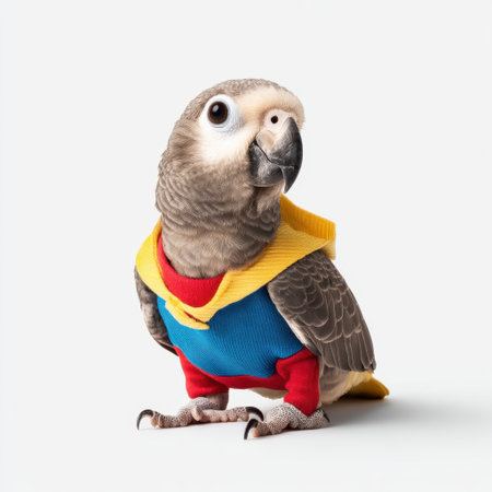 A charming parrot poses adorably in a colorful sweater, blending playful fashion with its vibrant personality. Perfect for capturing joyful moments and pet fashion.の素材