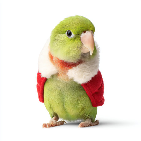 This charming green parrot in a festive outfit captures the spirit of the holiday season. The close-up view highlights its vibrant feathers and playful personality.の素材
