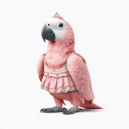 This enchanting image features a pink parrot dressed in a charming outfit and crown, perfect for whimsical illustrations and creative storytelling projects.の素材