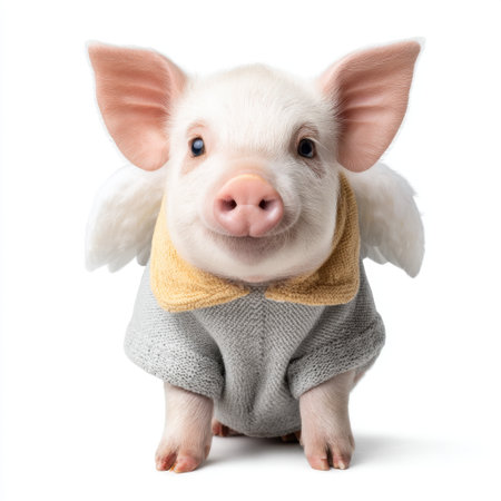 Charming young pig with angel wings in a cozy sweater, exuding cuteness and personality, ideal for playful or whimsical design projects and creative storytelling.の素材