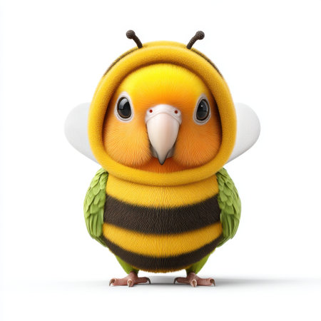This charming cartoon character features a fluffy bird dressed in a whimsical bee costume. Its vibrant colors and cheerful expression evoke joy and creativity, perfect for children's themes.の素材