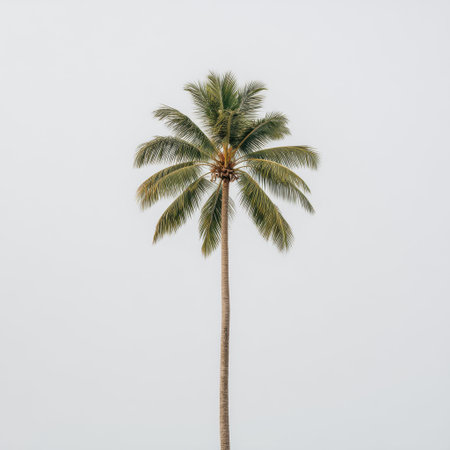 A striking tall palm tree stands alone with lush green fronds reaching toward a soft gray sky, representing tranquility and natural beauty in a minimalistic setting.の素材