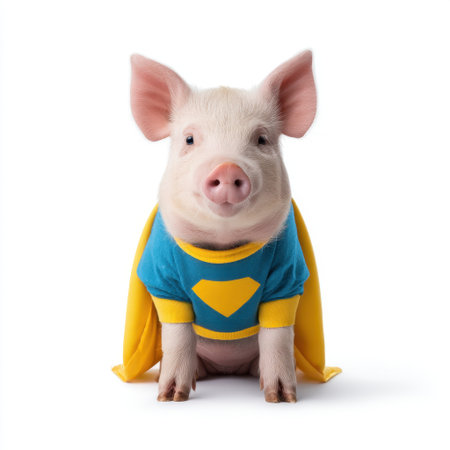 This adorable piglet, dressed in a bright superhero costume, captures hearts with its playful pose and vibrant colors, perfect for child-focused projects and designs.の素材