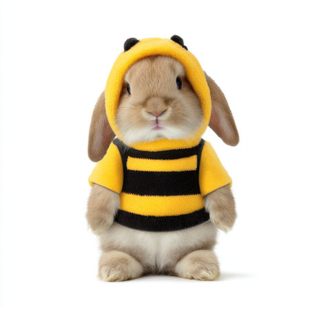 This charming rabbit dressed in a bee costume brings joy and warmth. Its fluffy fur and playful expression create a delightful scene perfect for animal lovers.の素材