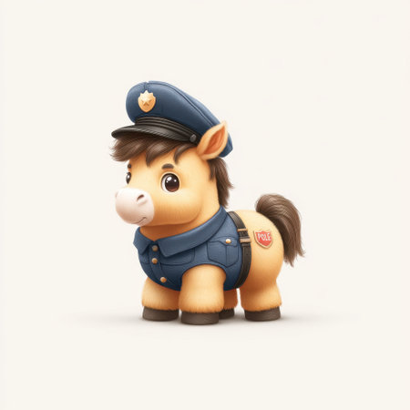 This adorable cartoon pony dressed as a police officer brings joy and amusement to children. Ideal for educational content, storybooks, or fun illustrations.の素材