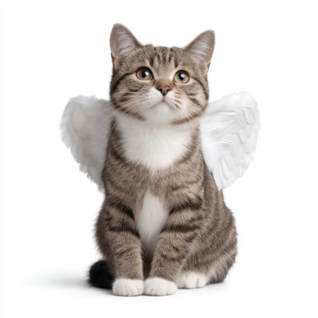 This charming image features an adorable cat with angel wings, embodying playfulness and grace. Ideal for conveying emotions of joy, love, and whimsy in creative projects.の素材