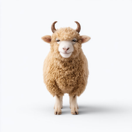 This charming image features a cute, fluffy sheep with soft wool and distinct horns, standing against a light background, ideal for animal-themed projects.の素材