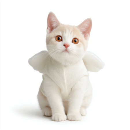 A charming fluffy kitten wearing angel wings poses adorably on a white background, perfectly capturing its playful spirit and making it a delightful addition to any collection.の素材
