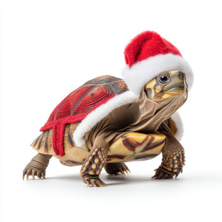 This delightful image features a turtle dressed in a red Christmas sweater and a Santa hat, embodying the spirit of holiday joy and cheer in a fun winter setting.の素材