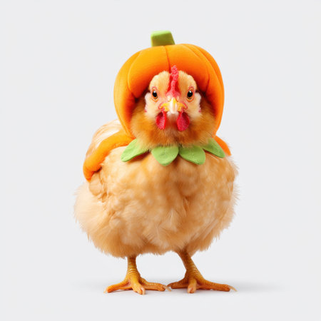 Whimsical chicken wearing a pumpkin hat embodies the playful spirit of autumn, perfect for seasonal decor or fun farm-related projects. A true delight!の素材