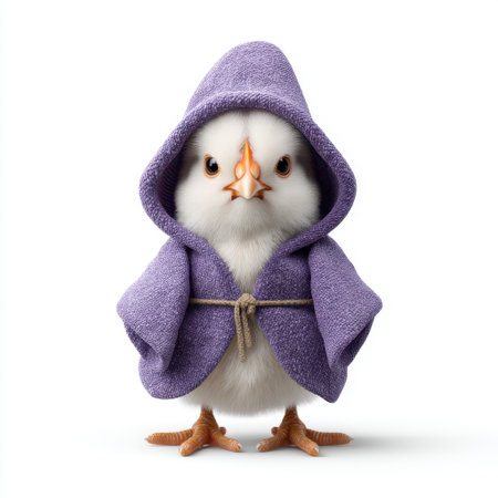 An adorable bird dressed in a cozy purple robe stands confidently, showcasing its playful personality. Perfect for charming animal photography or whimsical art.の素材