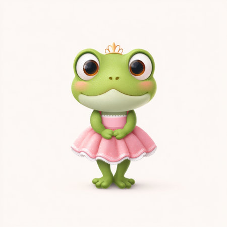 This charming cartoon frog character, dressed in a pink tutu and wearing a golden crown, radiates joy and playfulness, perfect for childrenの素材