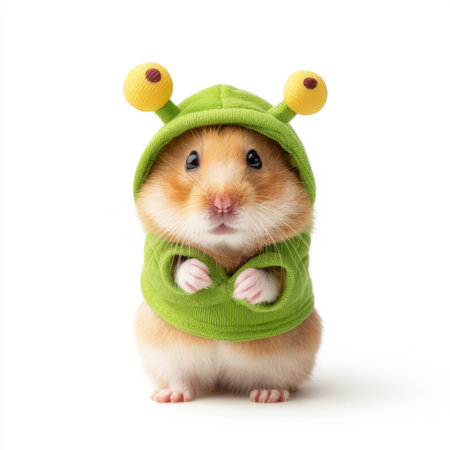 This charming hamster dressed in a green hoodie captures hearts with its playful pose and adorable expression, making it a perfect fit for cute animal content.の素材