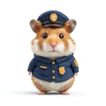 This charming hamster dressed in a police uniform with a tiny badge and hat is perfect for children's books, illustrations, or fun creative projects that evoke joy and playfulness.の素材