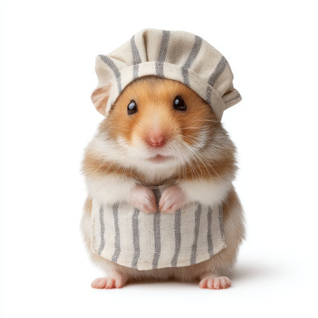This delightful image features an adorable hamster dressed as a chef, complete with a hat and apron, standing upright and showcasing its cute expressions. Perfect for pet blogs, food-themed designs, and more!の素材