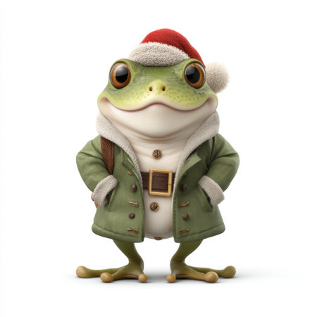 Adorable frog dressed in a Santa hat and cozy coat, striking a confident pose. Perfect for holiday projects, festive designs, and joyful illustrations for all ages.の素材
