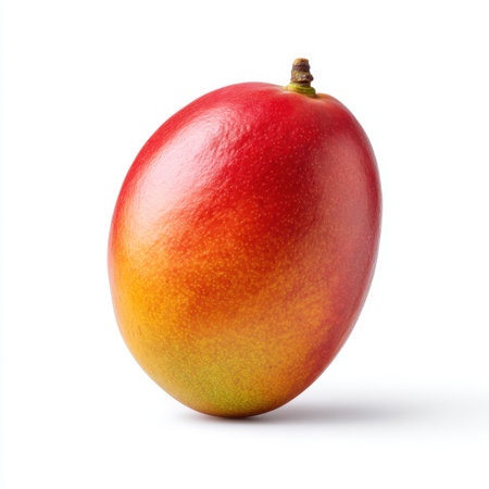 This image features a vibrant mango with smooth skin, showcasing rich orange-red hues. Perfect for culinary uses, healthy recipes, or summer-themed food photography.の素材