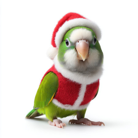 An adorable green parrot dressed in a festive Santa outfit brings holiday cheer. This colorful bird captures the spirit of Christmas, perfect for seasonal projects.の素材