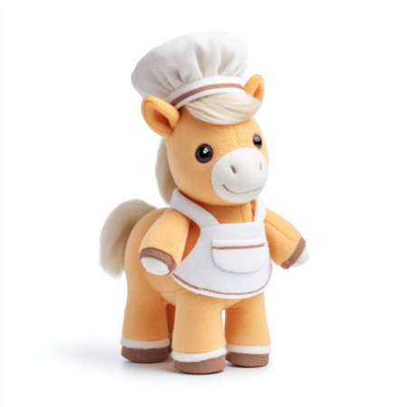 This charming plush pony chef toy brings joy to playtime with its friendly expression and adorable outfit, inspiring creativity through imaginative roleplay adventures.の素材