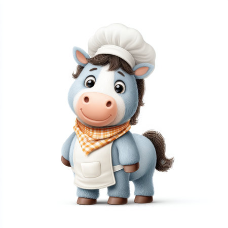 Adorable cartoon horse chef character designed for children's art, showcasing a cheerful expression, playful look, and a fun culinary theme perfect for kids.の素材