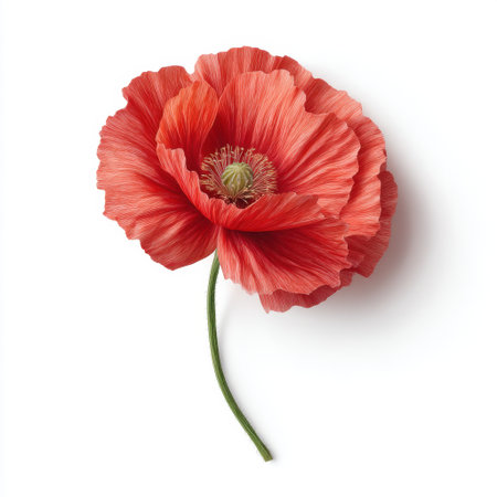 A beautiful red poppy flower stands isolated on a white background. Its delicate petals and vibrant color showcase the elegance of nature, perfect for art and design.の素材