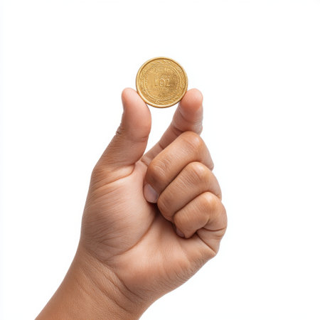 A close-up image of a hand holding a golden coin with the year 1921 prominently displayed. This image symbolizes finance, investment, and the historical significance of currency.の素材