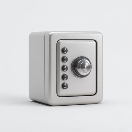 A sleek metallic security safe with a combination lock and numeric keypad, ideal for safeguarding valuables in both home and office environments.の素材