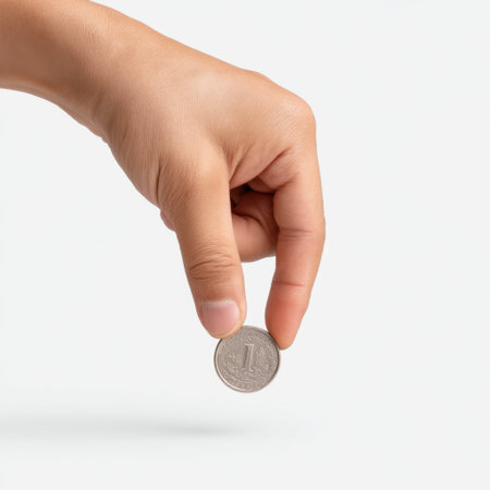 A hand gently reaches for a single coin against a minimalist white background, illustrating financial concepts and the importance of value in everyday transactions.の素材