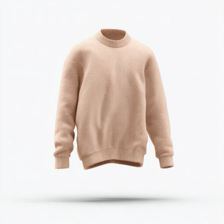 This elegant beige sweater features a minimalist design and soft texture, perfect for fashion displays and online retail showcasing stylish wardrobe options.の素材