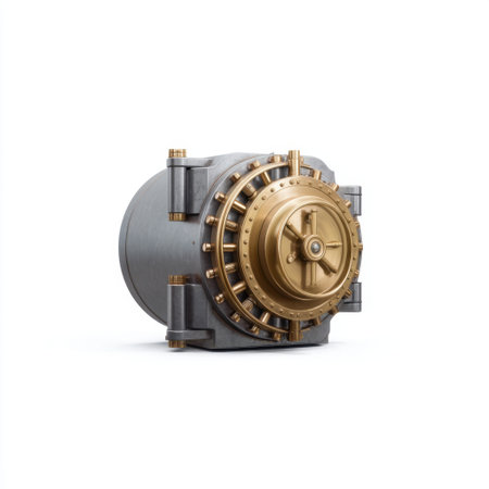 This image depicts a robust safe featuring an intricate locking mechanism, characterized by a sleek metallic body and golden dial, emphasizing security for valuables.の素材