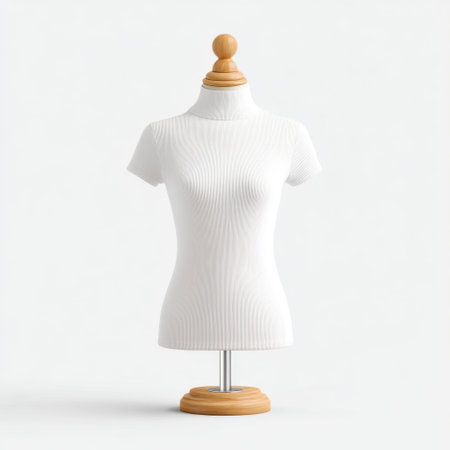 A modern white mannequin featuring a unique design on a wooden base, perfect for displaying fashion items in retail settings or studio environments.の素材