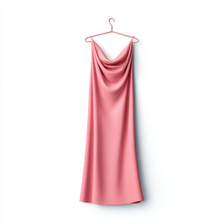A stunning pink draped dress elegantly hanging on a hook, highlighting the beauty of soft fabric and minimalist design. Ideal for fashion displays and catalogs.の素材