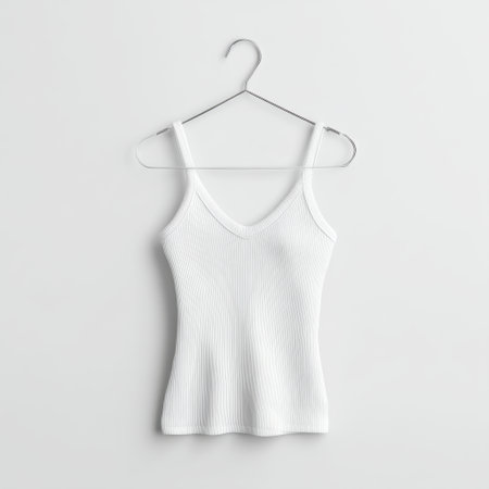 A clean and simple white ribbed tank top displayed on a hanger against a minimalistic background, perfect for showcasing fashion apparel in retail and e-commerce settings.の素材
