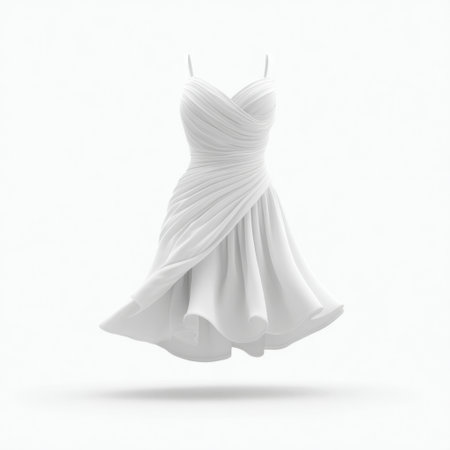 This image features an elegantly designed white dress floating in mid-air, highlighting its smooth fabric and sophisticated draping, perfect for fashion inspiration.の素材