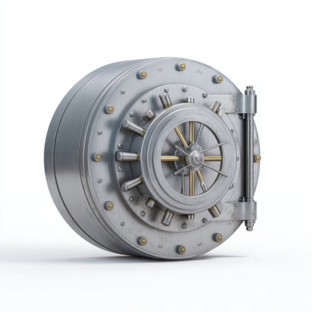 A robust and secure metal bank vault featuring a combination lock, designed for optimal protection of valuable assets and confidential items in a professional setting.の素材