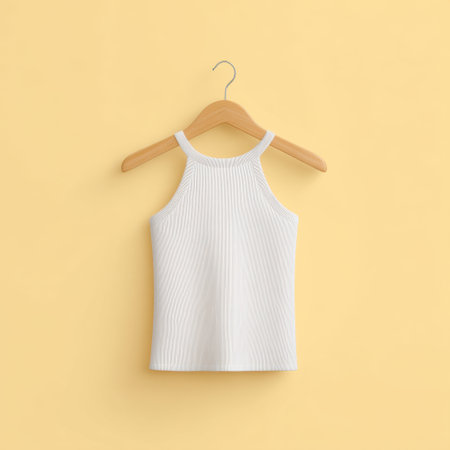 This image features a simple white tank top elegantly hanging on a wooden hanger against a soft yellow background. Ideal for fashion-related projects and designs.の素材