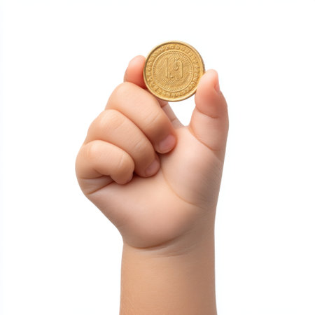 A close-up image of a child's hand holding a golden coin, representing financial aspiration and investment in a bright, minimalist style. Ideal for educational content.の素材