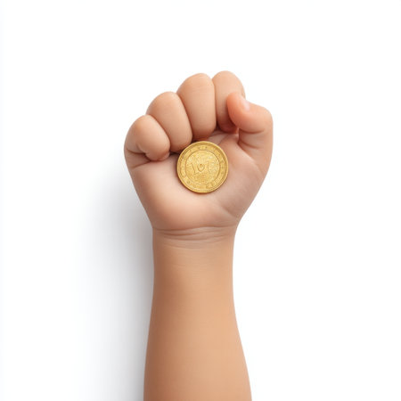 A close-up image of a child's hand making a fist around a shiny gold coin, symbolizing wealth, dreams, and childhood aspirations against a clean white backdrop.の素材