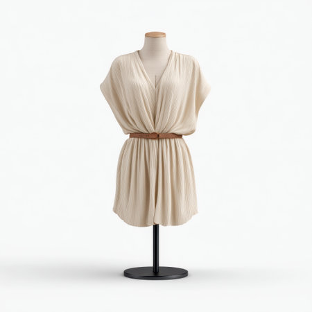 This elegant beige dress, displayed on a mannequin, features a unique pleated design and a stylish belt, making it perfect for fashion showcases and online retail.の素材