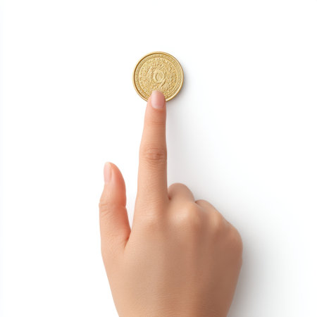 A close-up view of a hand holding a gold coin, showcasing its texture and details against a softly blurred background, perfect for financial and investment themes.の素材